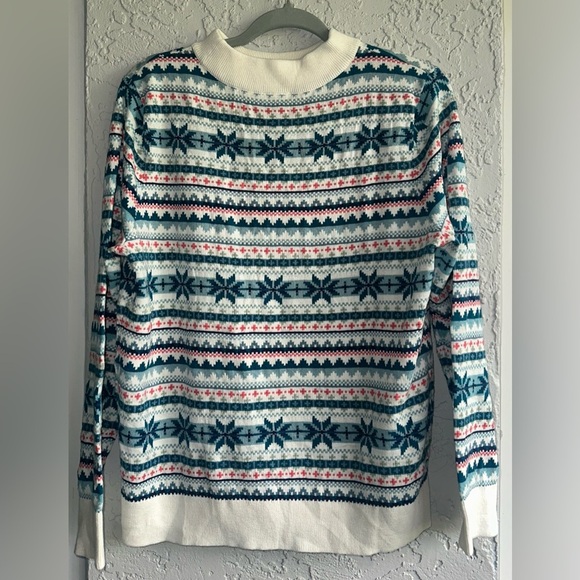 Talbots Teal and Ivory Patterned Mock Neck Sweater - Picture 3 of 11